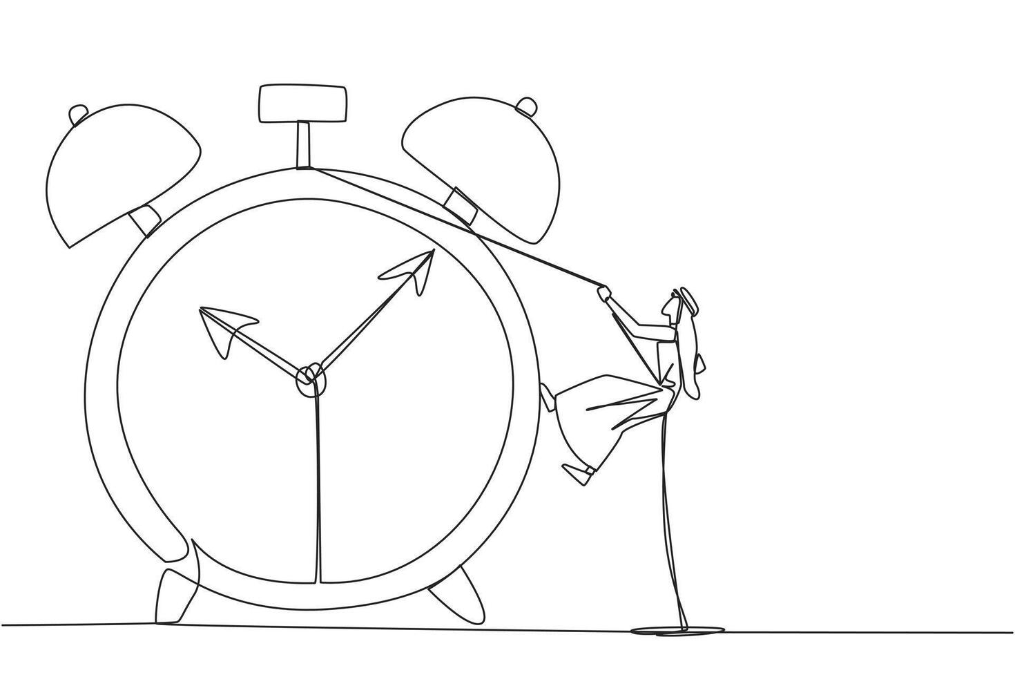 Single continuous line drawing Arab businessman climbing alarm clock with rope. Work carefully to complete each task. Works perfectly. Without any errors. Deadline. One line design illustration vector