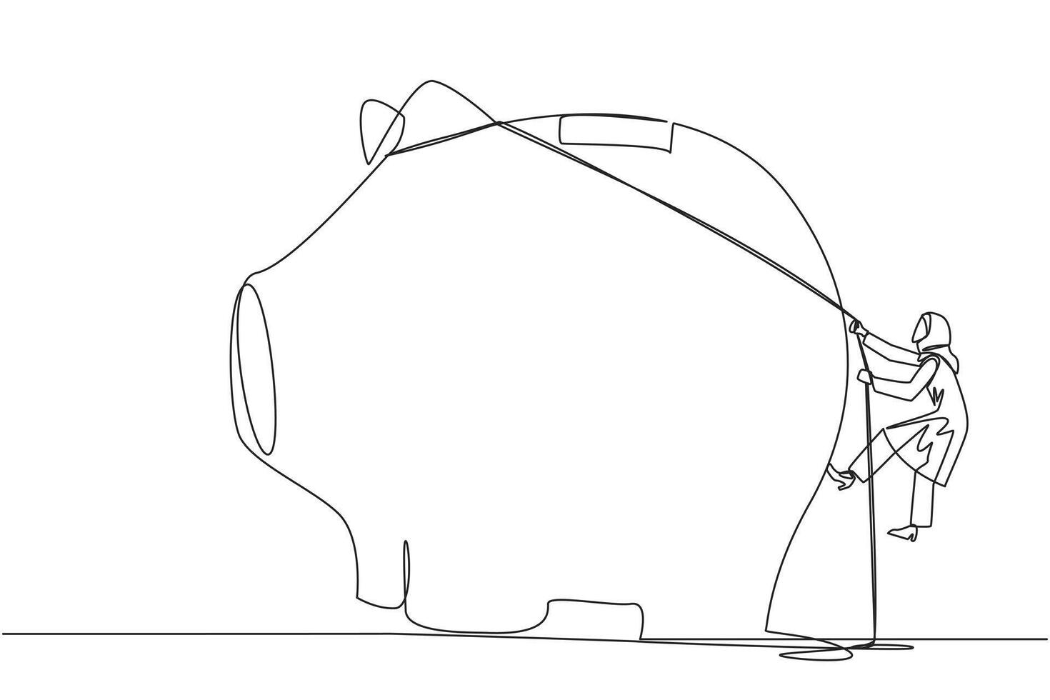 Continuous one line drawing Arab businesswoman climbs piggy bank with rope. Entrepreneur working hard make investment prepare for retirement. Smart worker. Single line draw design illustration vector