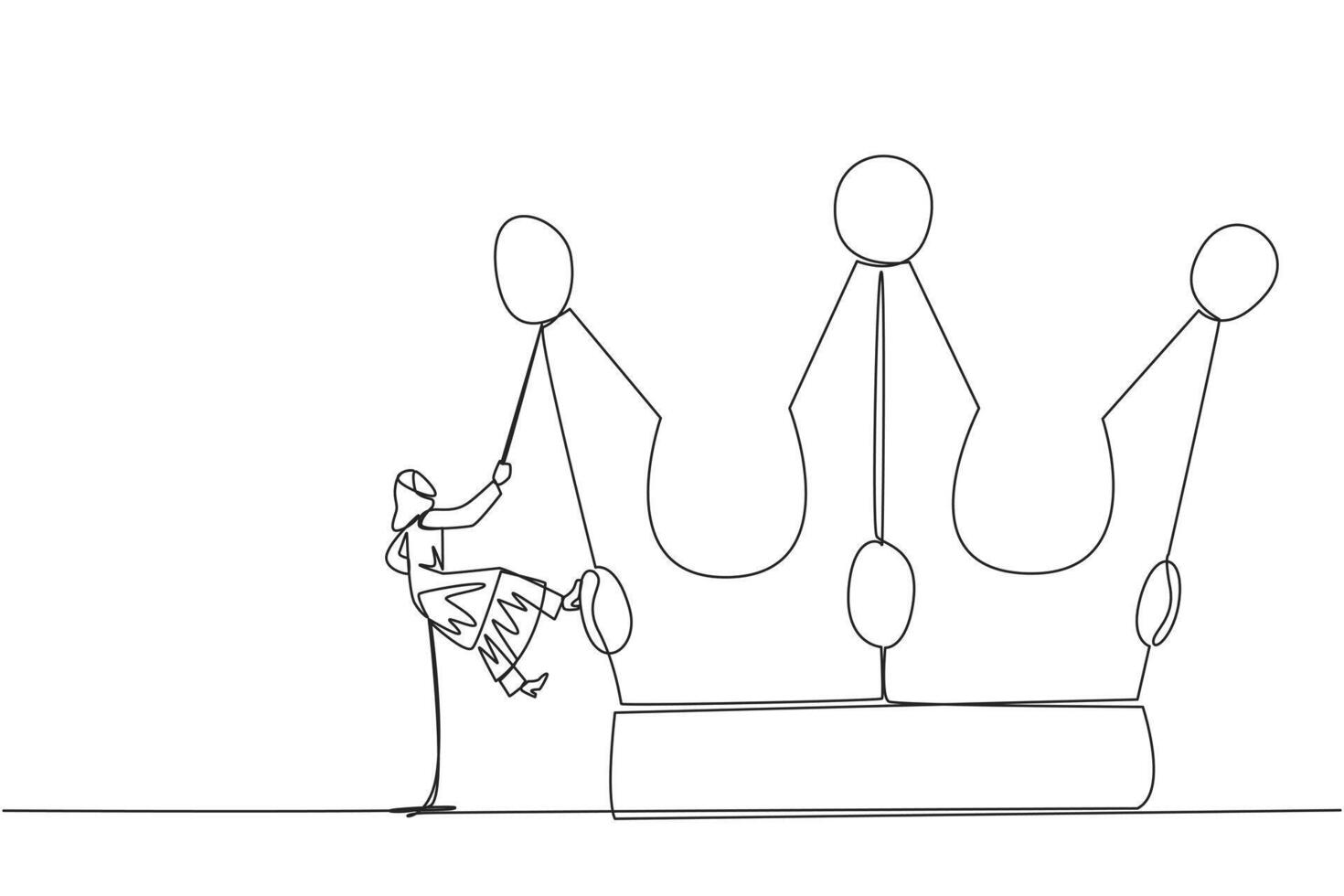 Single continuous line drawing Arabian businesswoman climbs the crown with rope. Prepare for better life by working hard to achieve highest position. Hard worker. One line design illustration vector