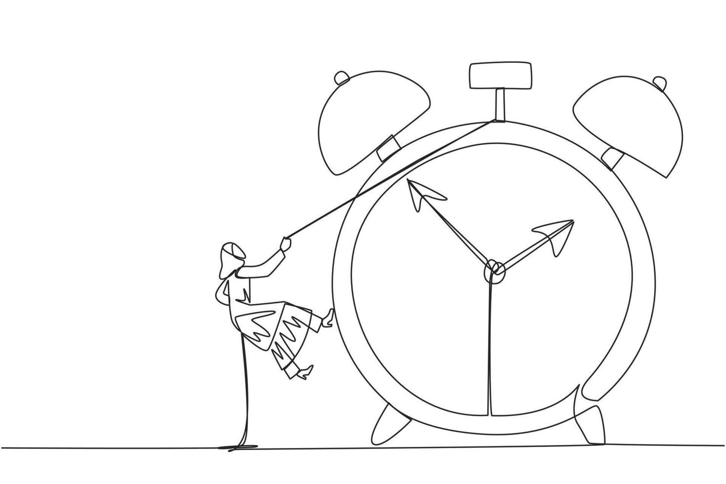 Single one line drawing Arab businesswoman climbs alarm clock with rope. Work carefully to complete each task. Work perfectly without any errors. Work hard. Continuous line design graphic illustration vector