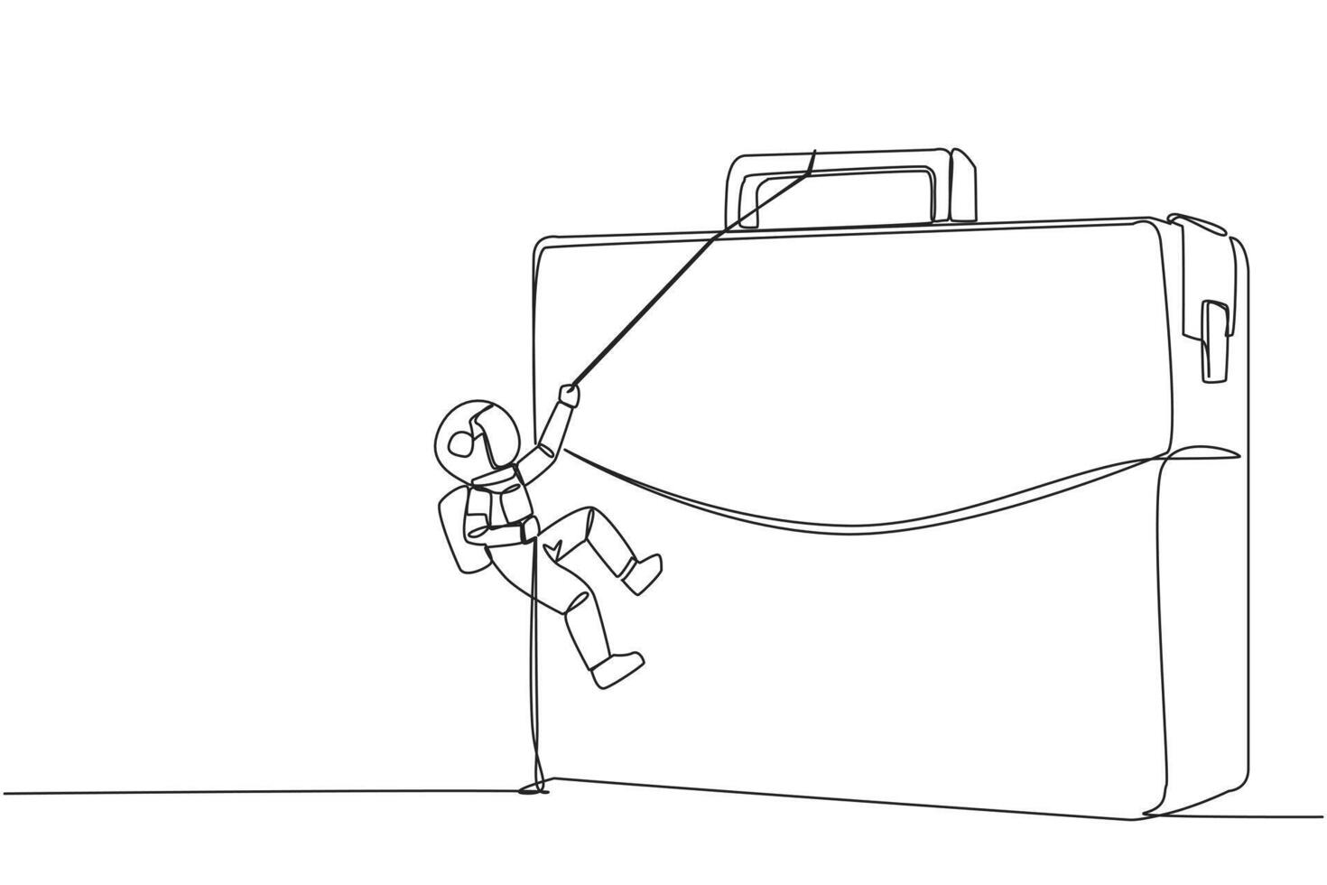 Single continuous line drawing young astronaut climbs briefcase with rope. A metaphor for building a business from scratch. Growing and having many relationships. One line design illustration vector