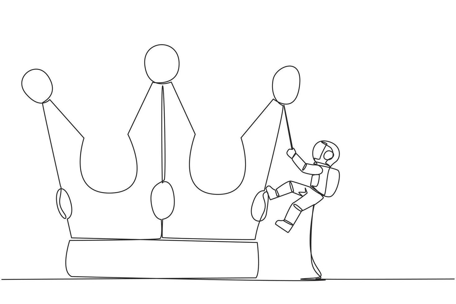 Single continuous line drawing young astronaut climbing crown with rope. Prepare for a better life by working hard to achieve the highest position. The hard worker. One line design illustration vector