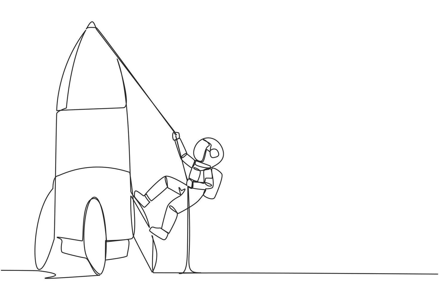 Single one line drawing young astronaut climbs rocket with rope. Set the intention to open a new branch. Work hard to expand the business. Smart hard work. Continuous line design graphic illustration vector