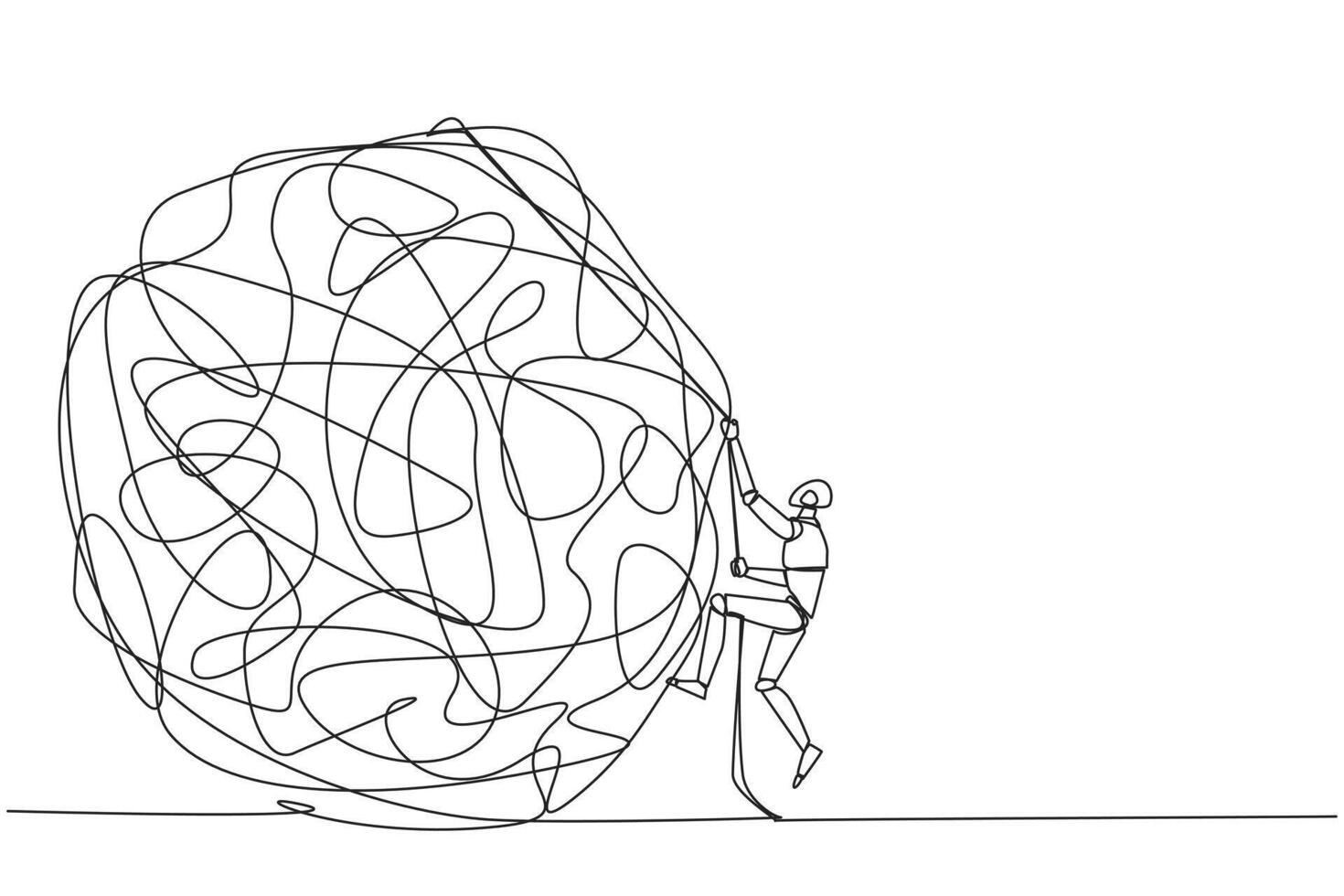 Continuous one line drawing smart robot climbs heavy mess circle with the rope. Trying to lay anxiety at the feet. For clarity of thought. Smart work hard. Single line draw design illustration vector