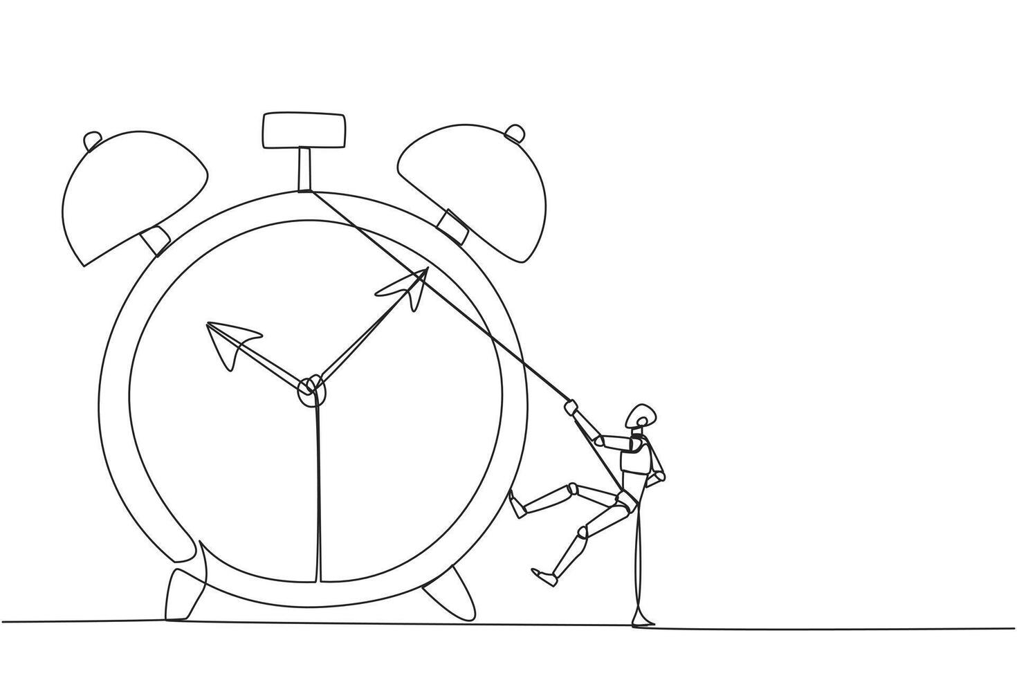 Continuous one line drawing smart robot climbing alarm clock with rope. Work carefully to complete each task. Works perfectly without any errors. Work hard. Single line draw design illustration vector