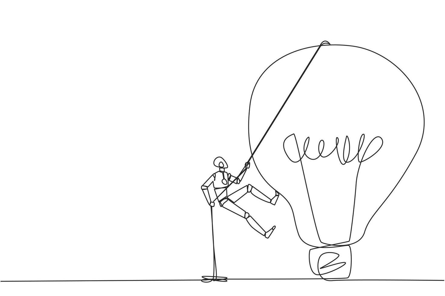 Single one line drawing smart robot climbing lightbulb with the rope. Trying to reach high places to get useful fresh ideas. For the company's benefit. Continuous line design graphic illustration vector