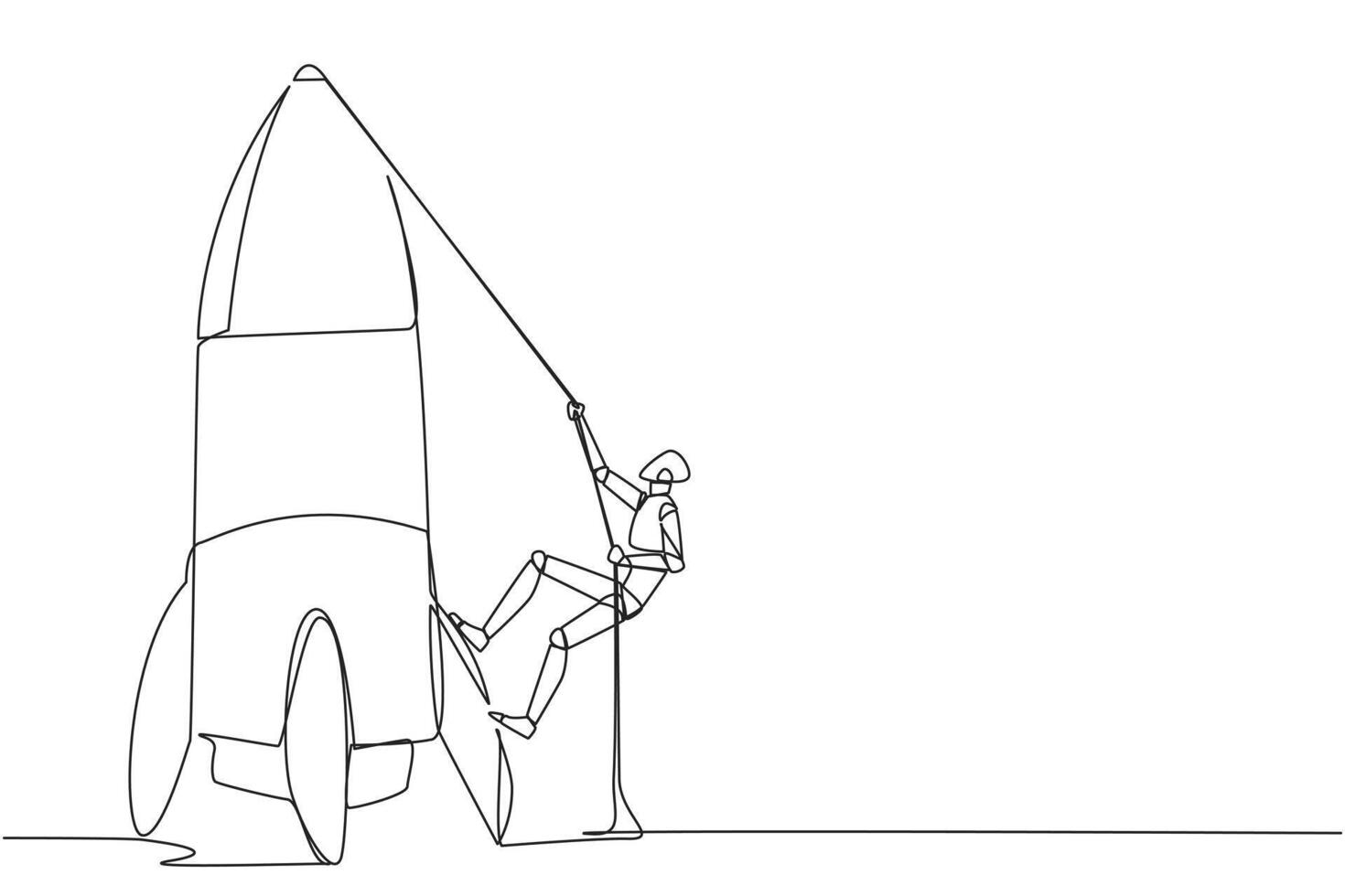 Continuous one line drawing smart robot climbs rocket with rope. Set the intention to open a new branch. Work hard to expand the business. Smart hard work. Single line draw design illustration vector