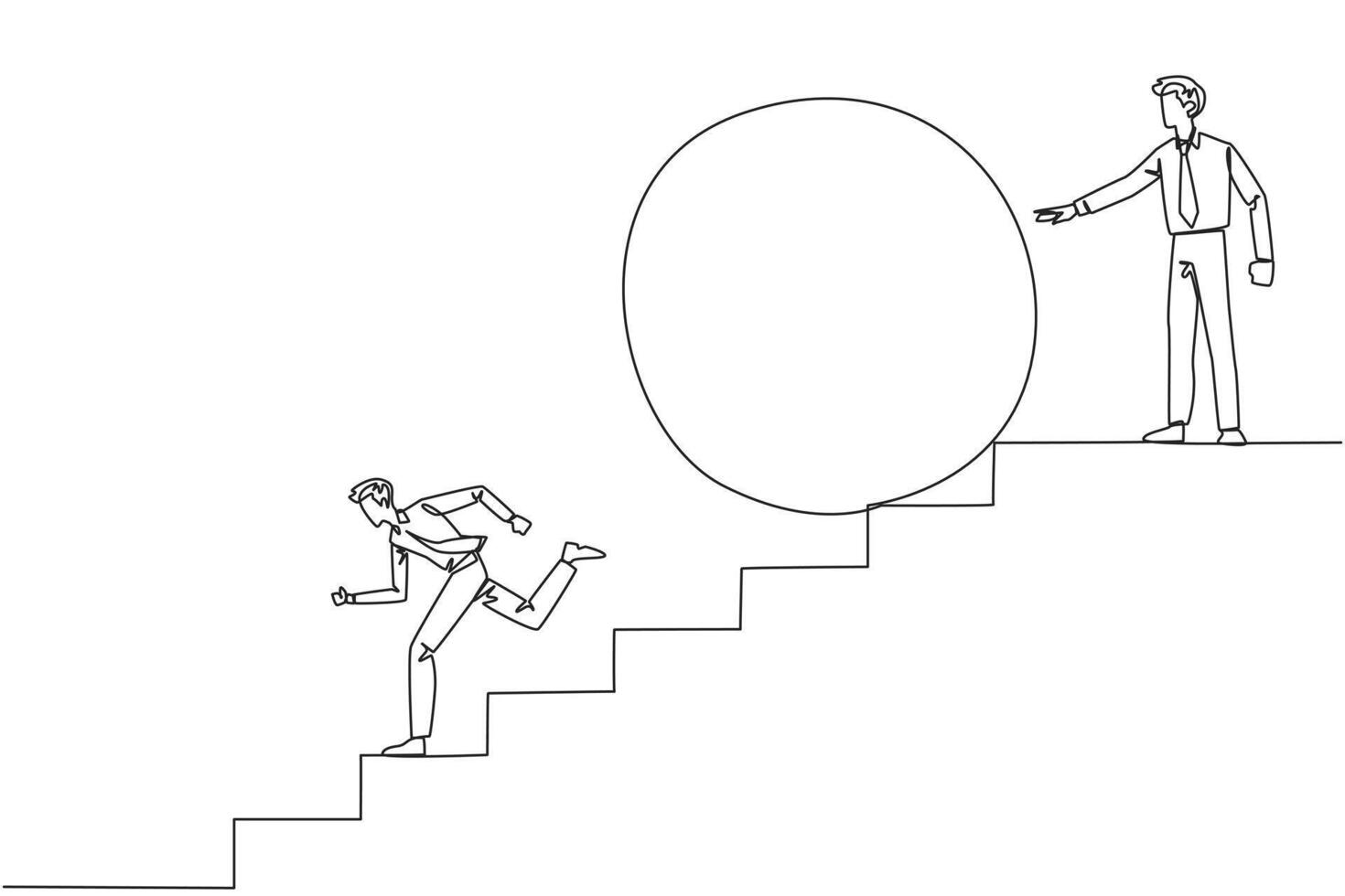 Single one line drawing businessman running down stairs avoiding big ball. Attacked by business friends. Traitor in business. Cheating in business. Betray. Continuous line design graphic illustration vector