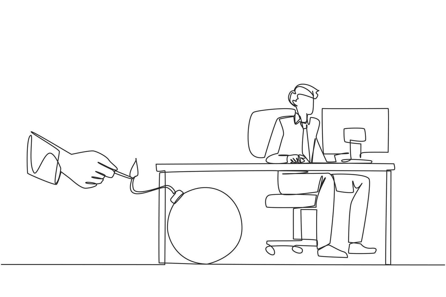 Single continuous line drawing businessman typing at a computer desk. Trapped by business partner. A bomb that could explode at any time. Betrayed by a colleague. One line design illustration vector