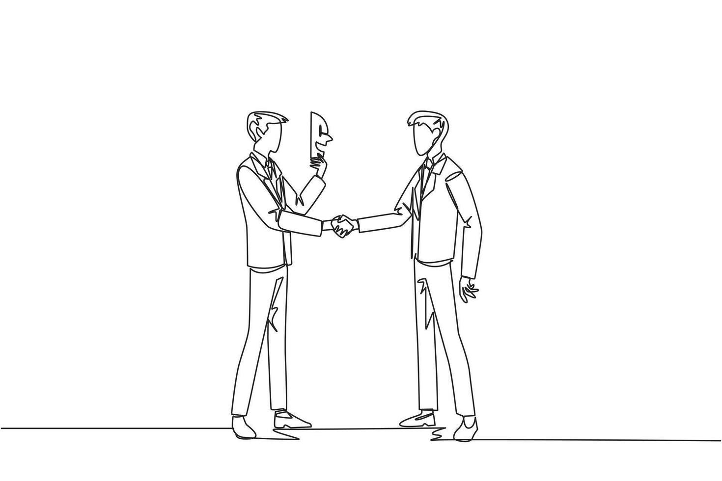Single continuous line drawing two businessmen shaking hands. One of them has two faces. Full of falsehood. Fake friend. Worst teamwork. Business betrayal. Traitor. One line design illustration vector