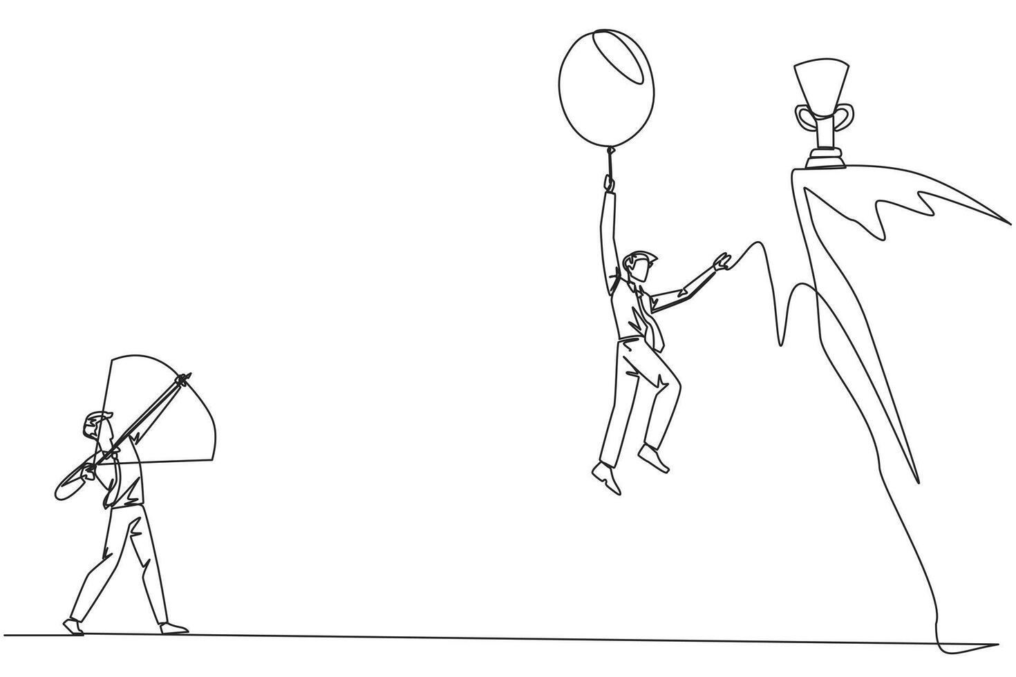 Single continuous line drawing businessman wants to achieve prizes at the peak of the career. Getting resistance from all directions. Painful failure. Traitor. One line design illustration vector