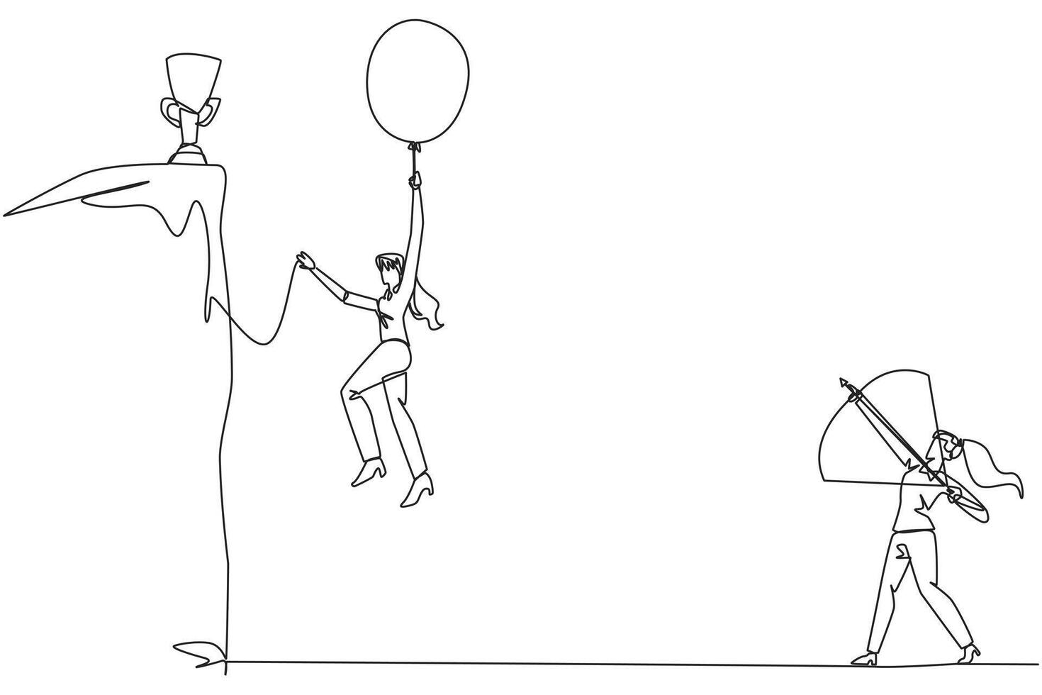 Continuous one line drawing businesswoman wants to achieve prizes at the peak of career. Getting resistance from all directions. Painful failure. Traitor. Single line draw design illustration vector