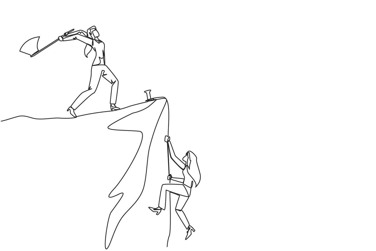 Single continuous line drawing businesswoman climbs a cliff with the rope. Almost successful. Rudely dropped by a business friend. Fake partner. The worst teamwork. One line design illustration vector