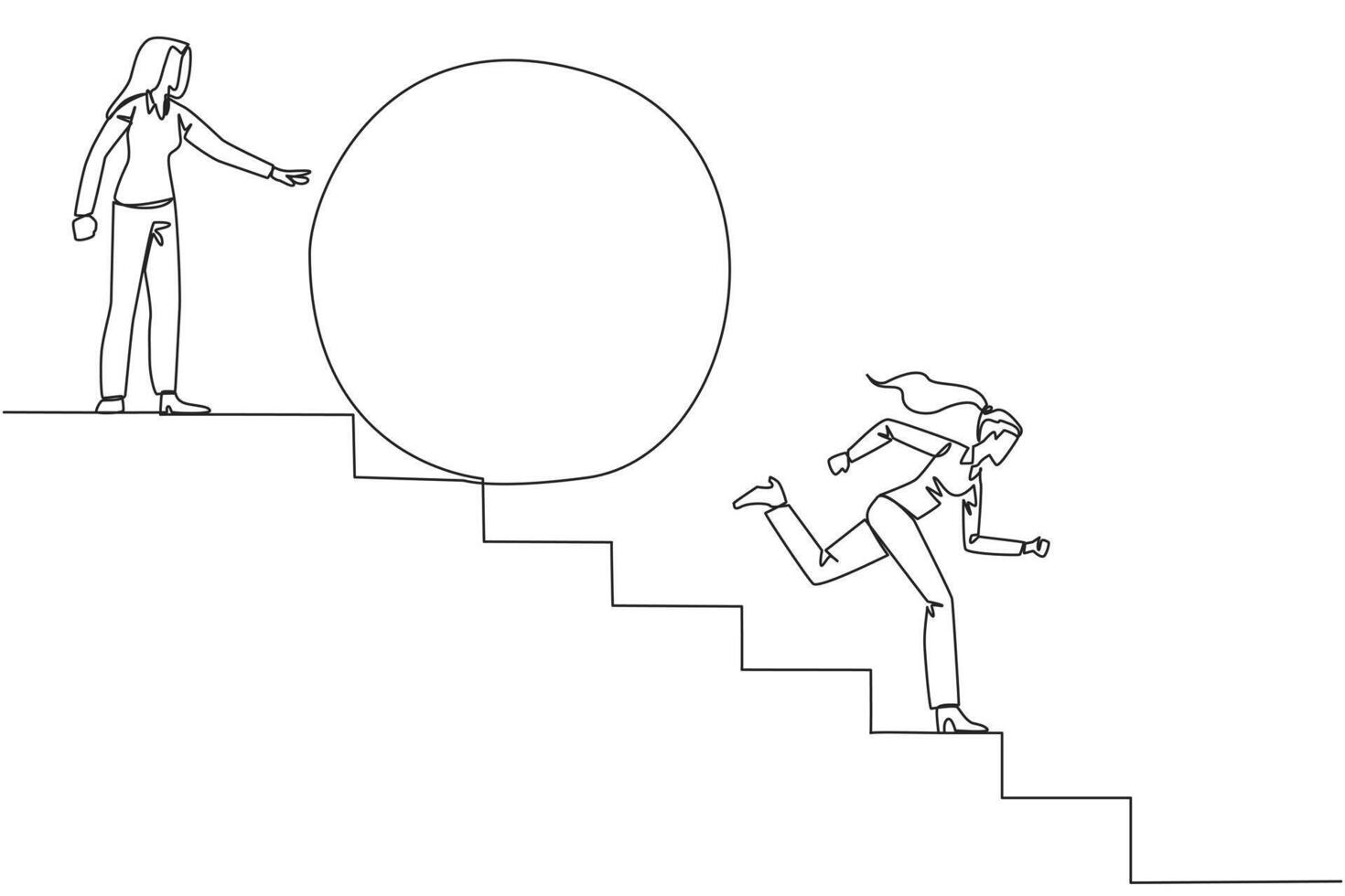 Single continuous line drawing businesswoman running down stairs avoiding big ball. Attacked by business friends. Traitor in business. Cheating in business. Betray. One line design illustration vector