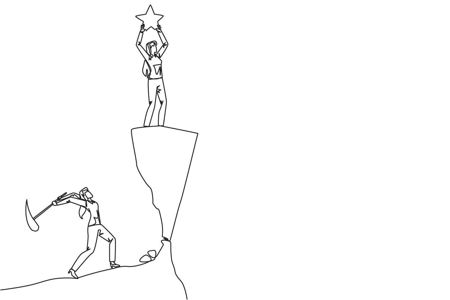 Single continuous line drawing businesswoman standing on a cliff lifting a star. Envious friend, eating away at success from the inside to fall down. The traitor. One line design illustration vector