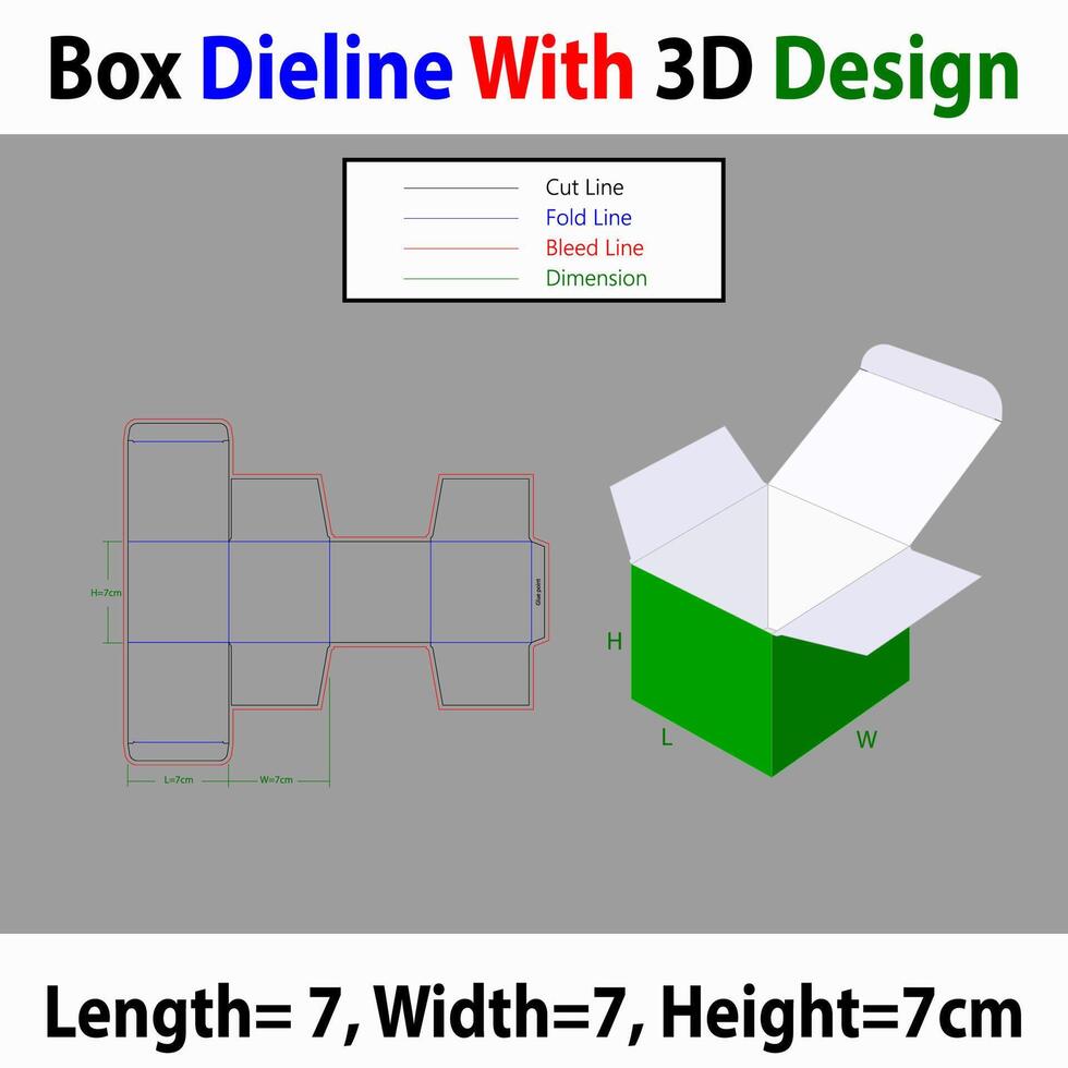 Strad Tuck end Square Box 7x7x7cm Dieline Template With 3d Design vector