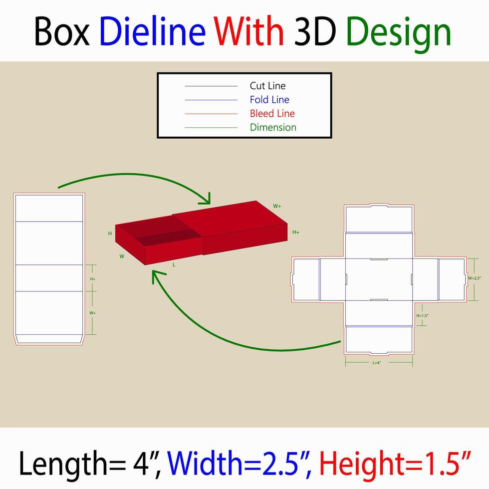 Sleeve Box 4x2.5x1.5 inch Dieline Template With 3d design vector