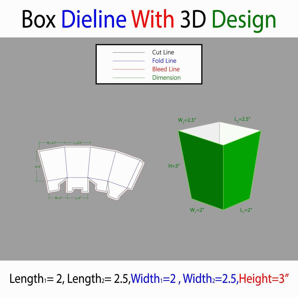 Popcon Box L1 2, L2 2.5, W1 2, W2 2.5, H 3 inch Dieline Template With 3d Design vector
