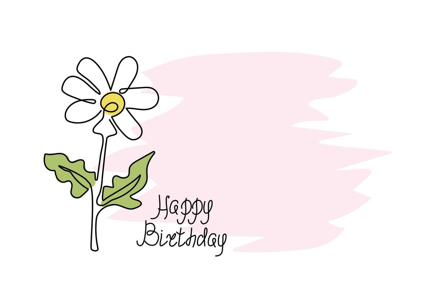 Flower, chamomile. Hand lettering Happy Birthday. Continuous drawing, line art, background for greeting card, invitation. vector