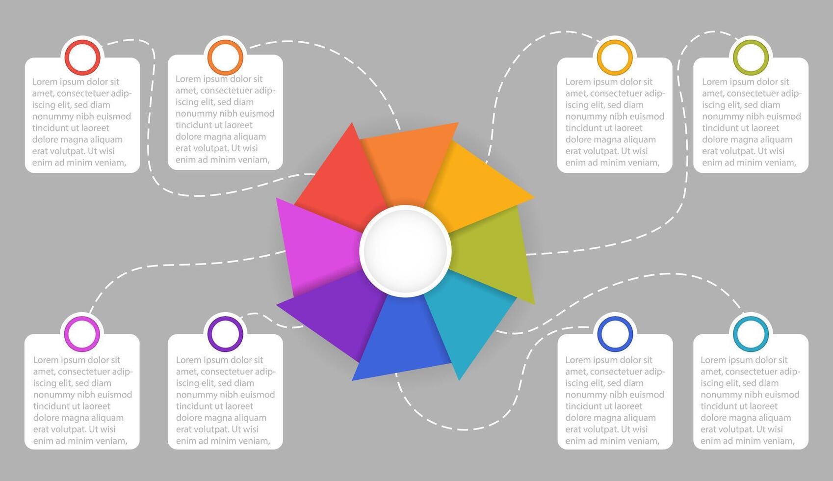 Infographic circle chart showing business data divided into 8 colorful sections. 8 concepts. vector