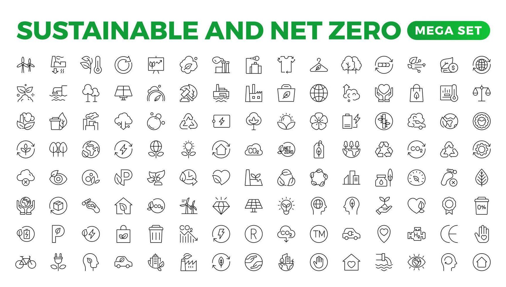 Set of sustainability and Net Zero, environmental, ecological, recyling, green, organic, industry thin line icons. Linear ecology simple symbol collection. vector