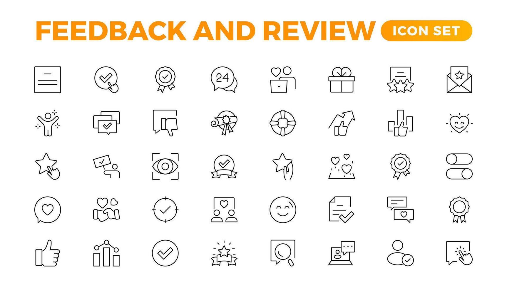 Set of Feedback, Review, and Customer Experience Outline Icon Collection. Rating, Testimonials, Quick Response, experience, Satisfaction, etc. Simple web icon illustration, vector
