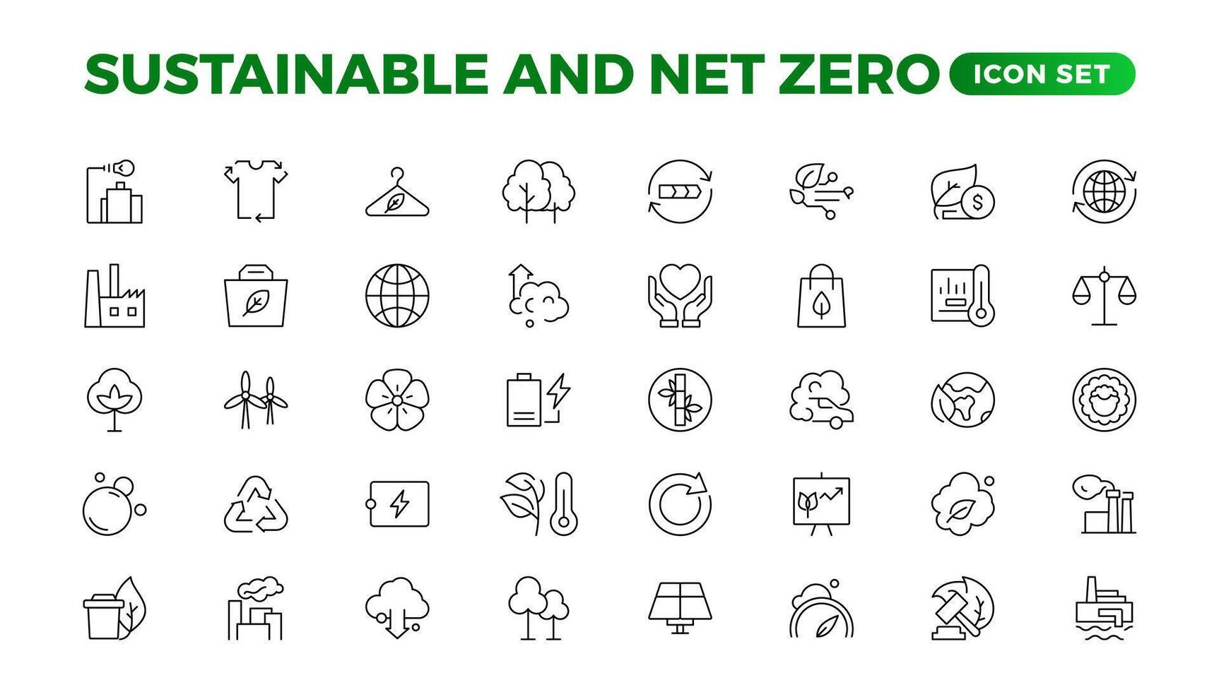 Set of sustainability and Net Zero, environmental, ecological, recyling, green, organic, industry thin line icons. Linear ecology simple symbol collection. vector