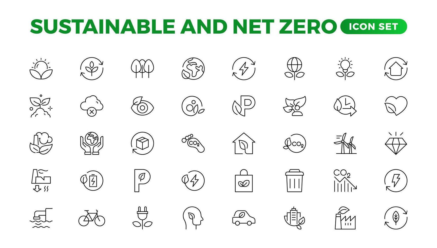 Set of sustainability and Net Zero, environmental, ecological, recyling, green, organic, industry thin line icons. Linear ecology simple symbol collection. vector
