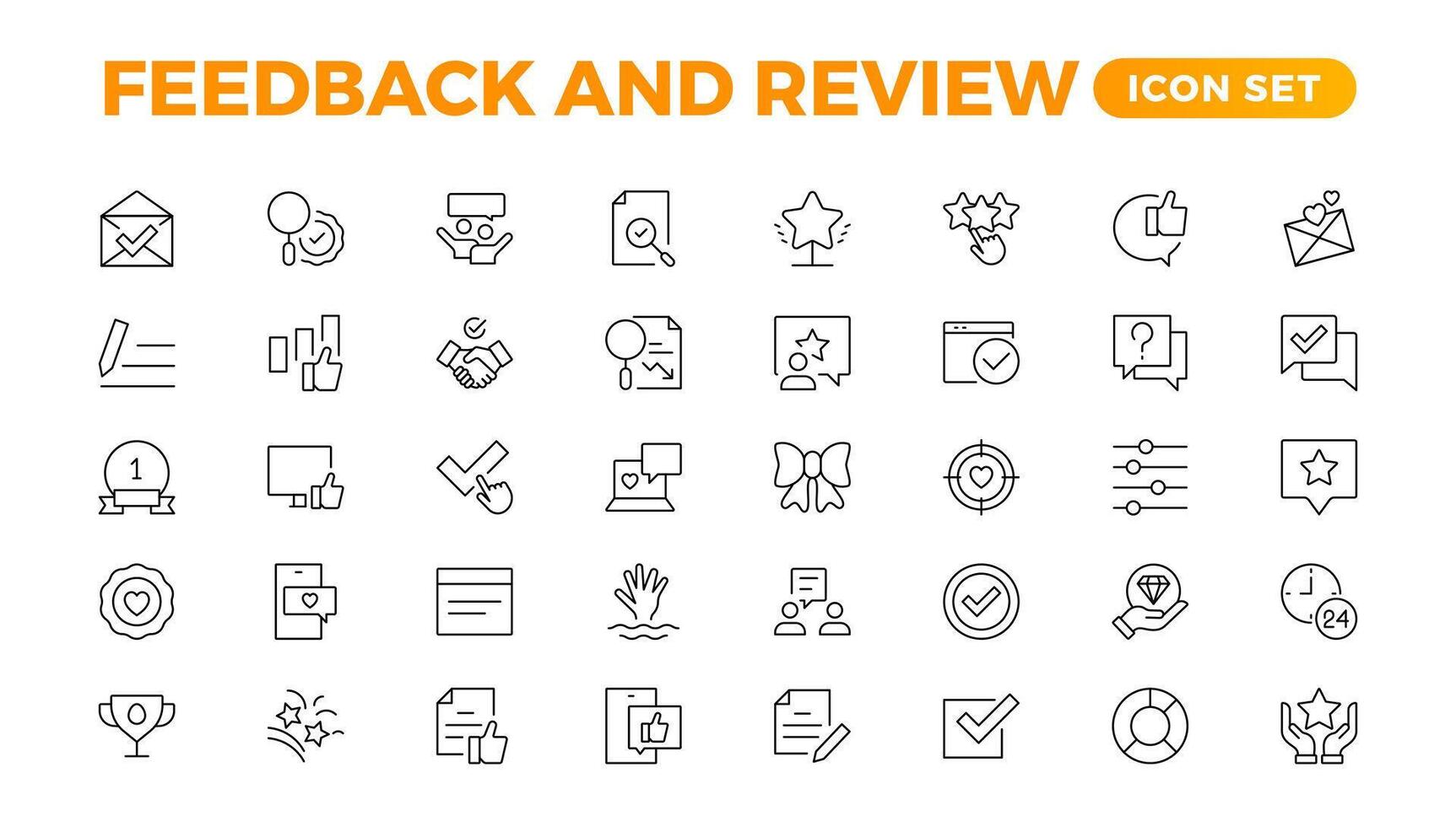 Set of Feedback, Review, and Customer Experience Outline Icon Collection. Rating, Testimonials, Quick Response, experience, Satisfaction, etc. Simple web icon illustration, vector