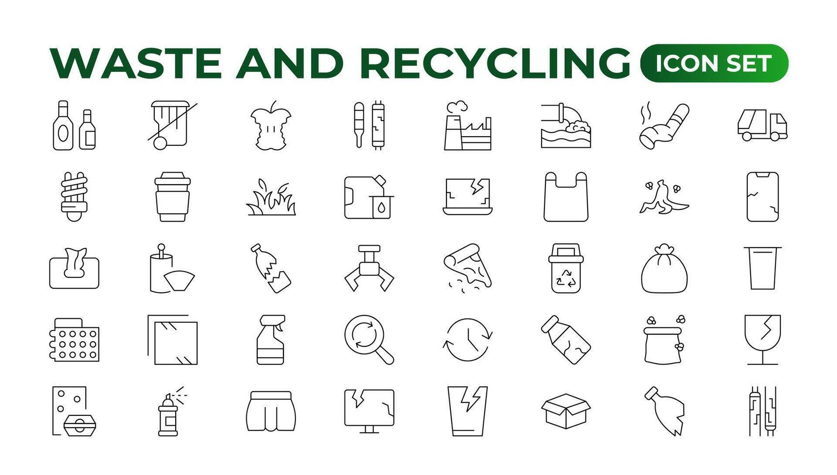 Set of Waste and Recycling line icons. Garbage, Trash, separation, and waste recycling Linear icon collection. vector