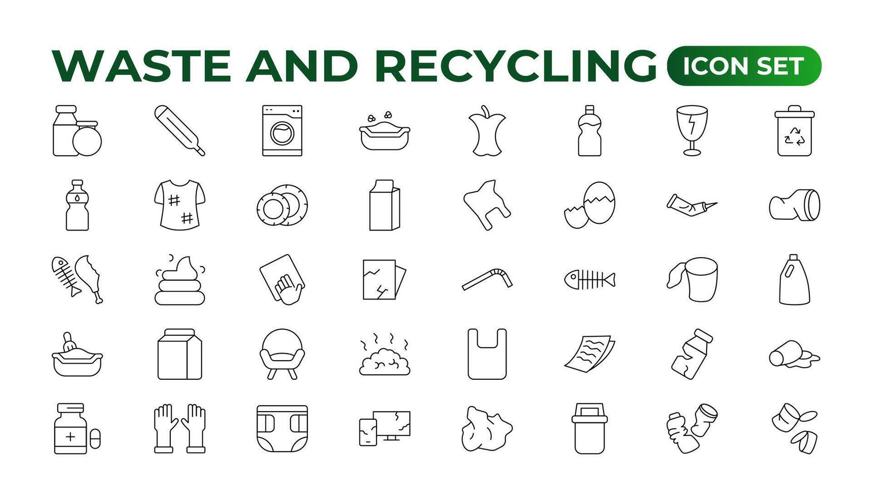 Set of Waste and Recycling line icons. Garbage, Trash, separation, and waste recycling Linear icon collection. vector