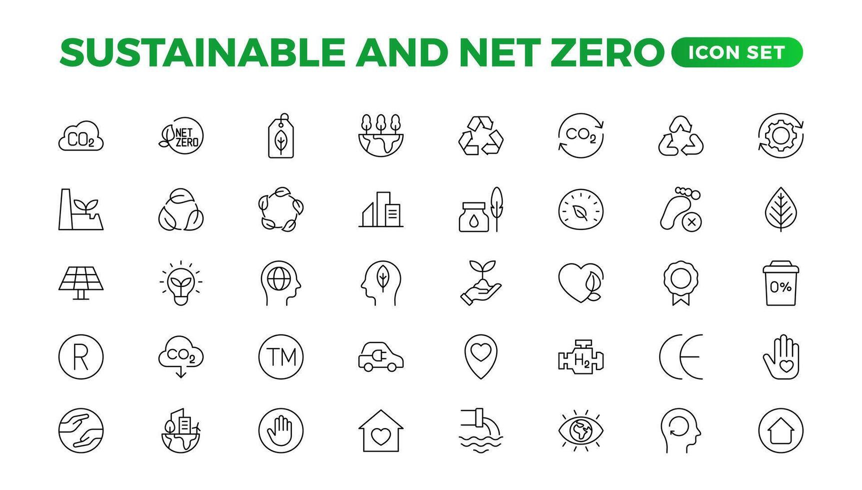 Set of sustainability and Net Zero, environmental, ecological, recyling, green, organic, industry thin line icons. Linear ecology simple symbol collection. vector