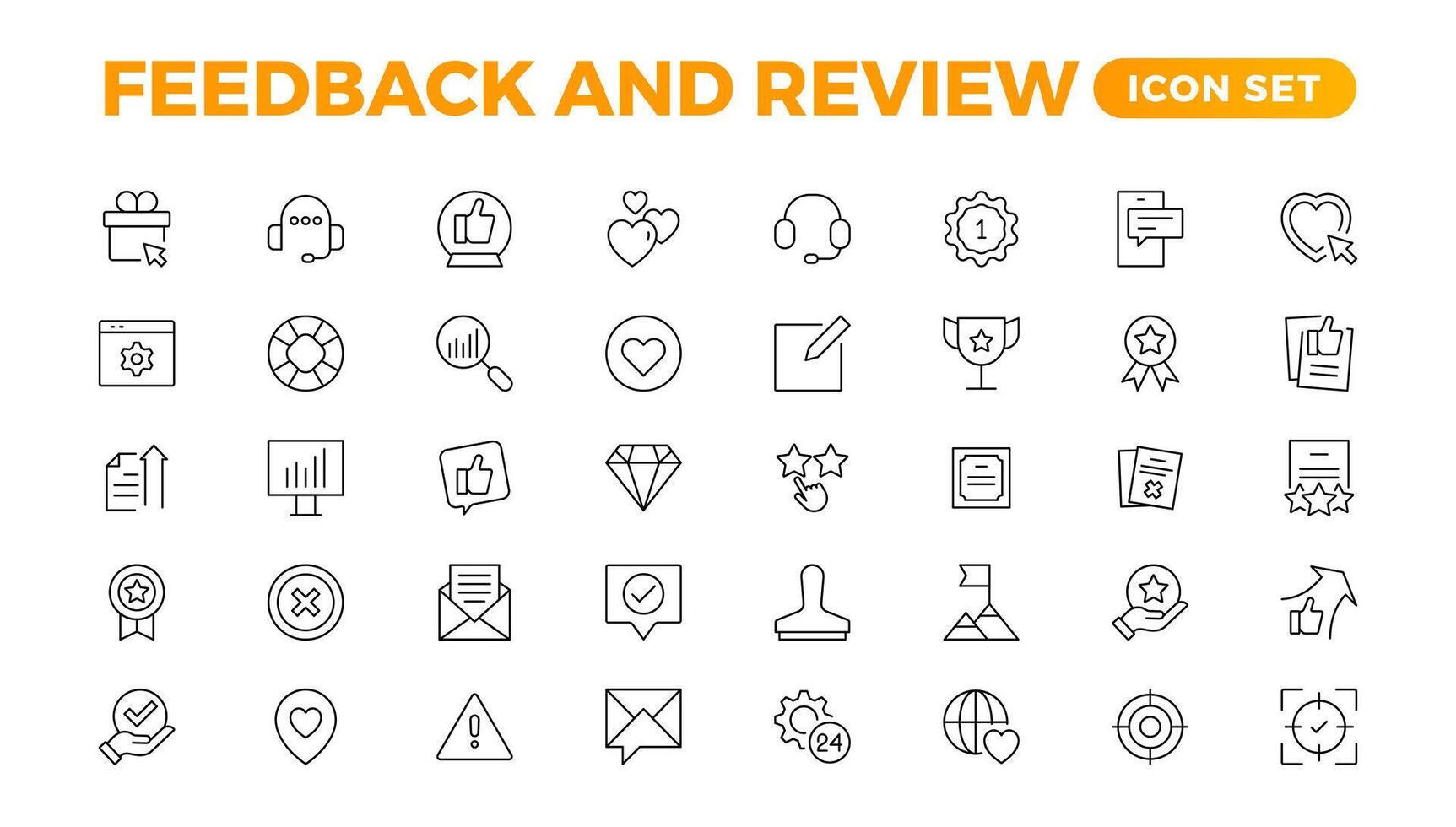 Set of Feedback, Review, and Customer Experience Outline Icon Collection. Rating, Testimonials, Quick Response, experience, Satisfaction, etc. Simple web icon illustration, vector