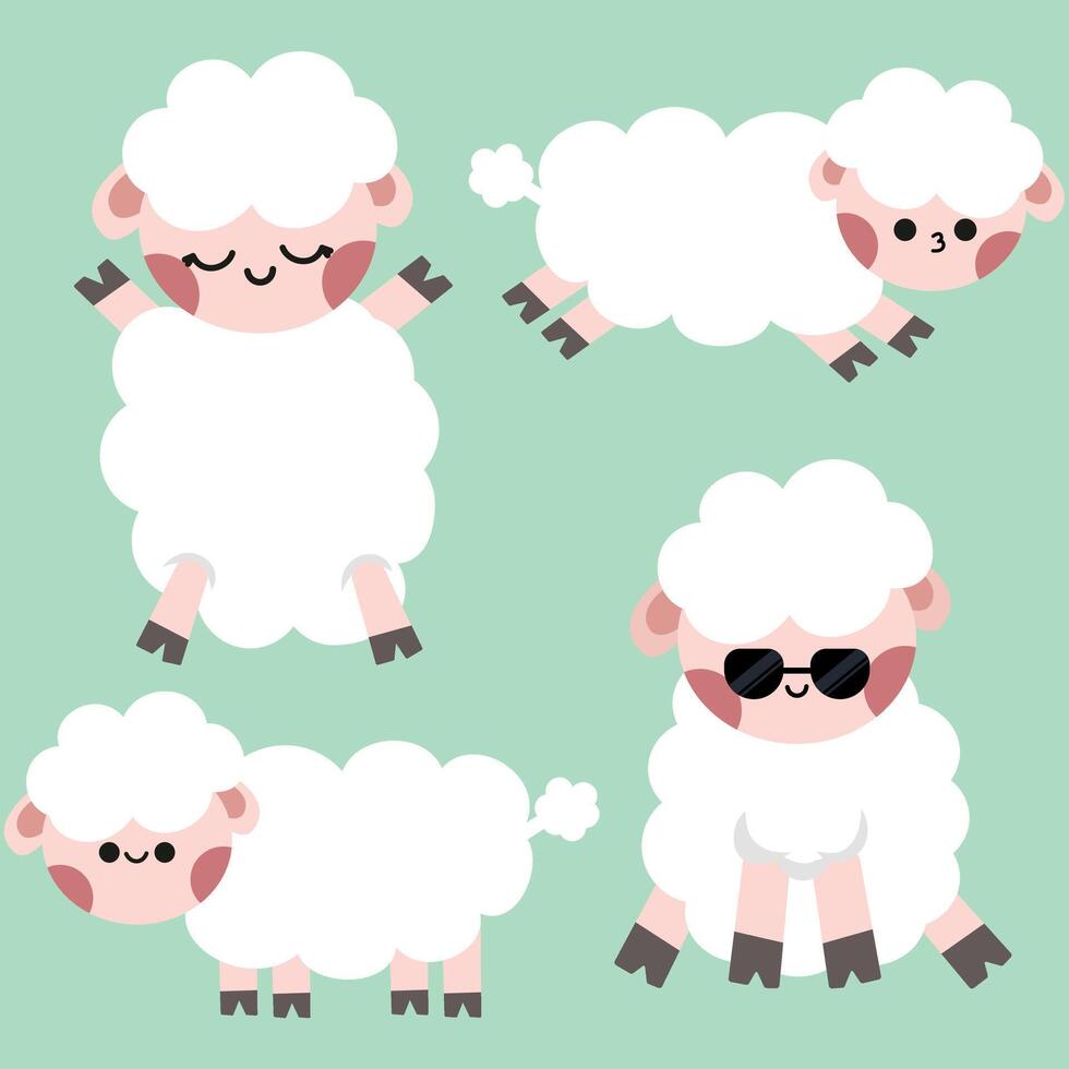 Set of cute sheep in kawaii style. Hand drawn animals illustrations vector