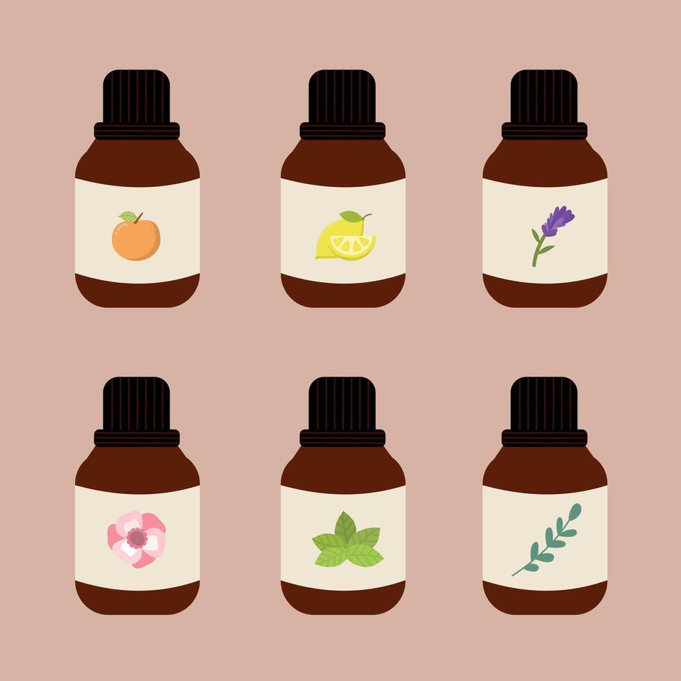 Essential oil bottle collection. Hand drawn aromatherapy element set. vector