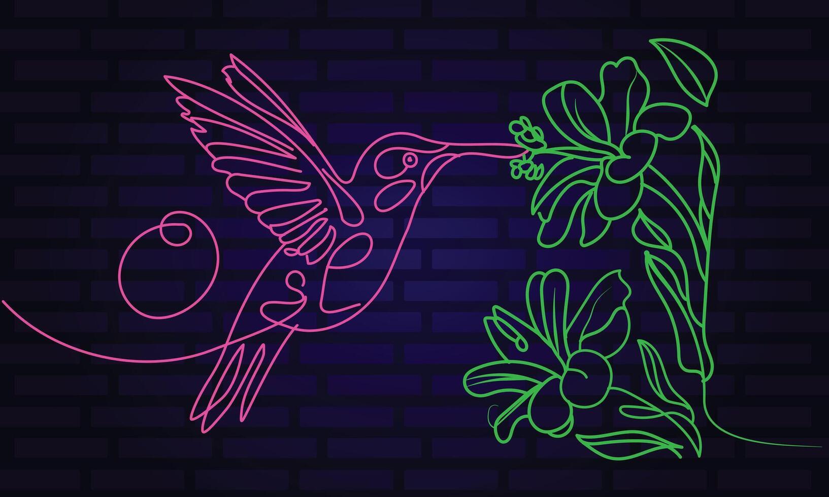 Hummingbird and Flowers in neon background Vibrant Line Art on Brick Wall Background vector