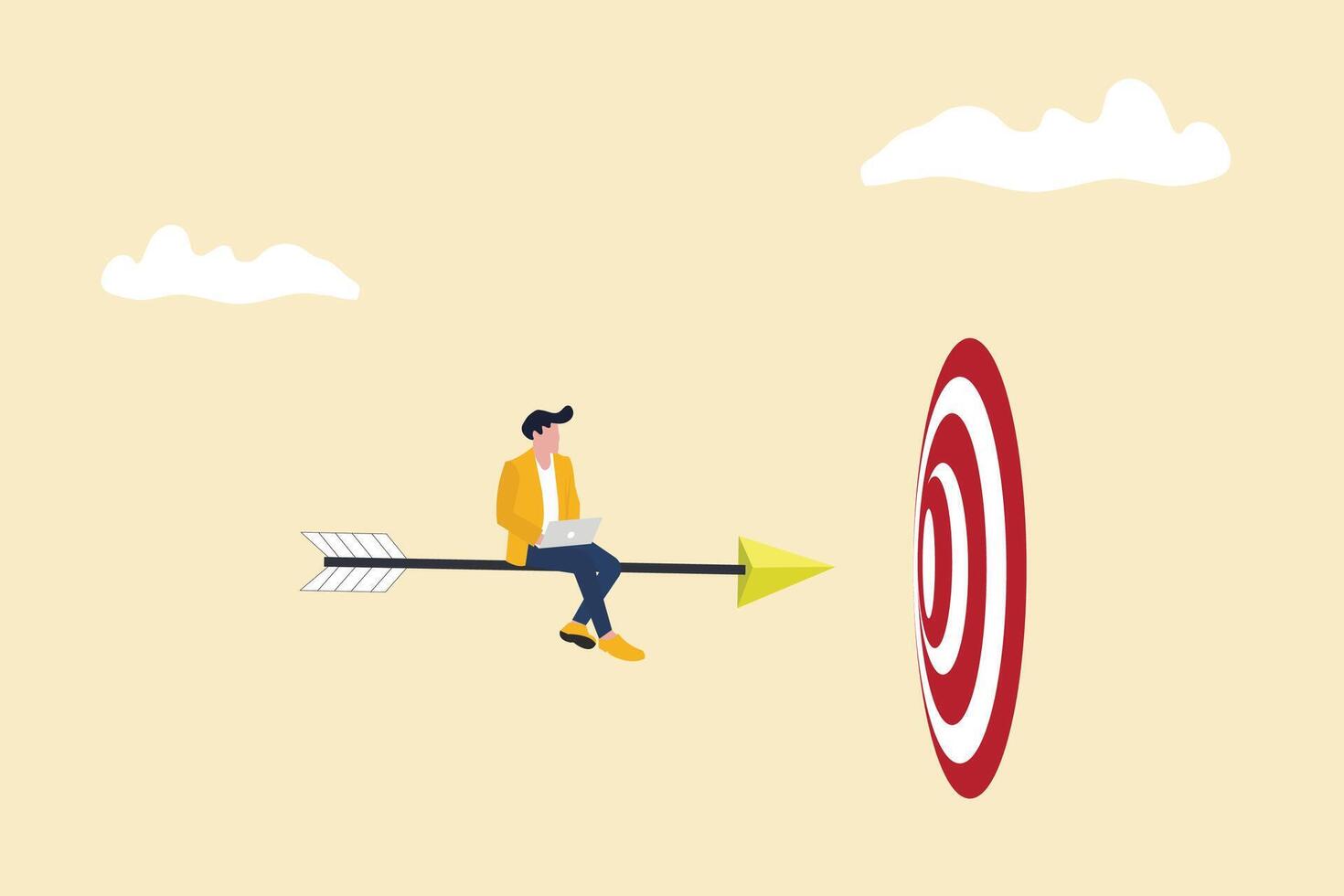 Businessman with laptop sit on arrow going to target. concept of motivation to reach goal and success, business strategy, and success vector