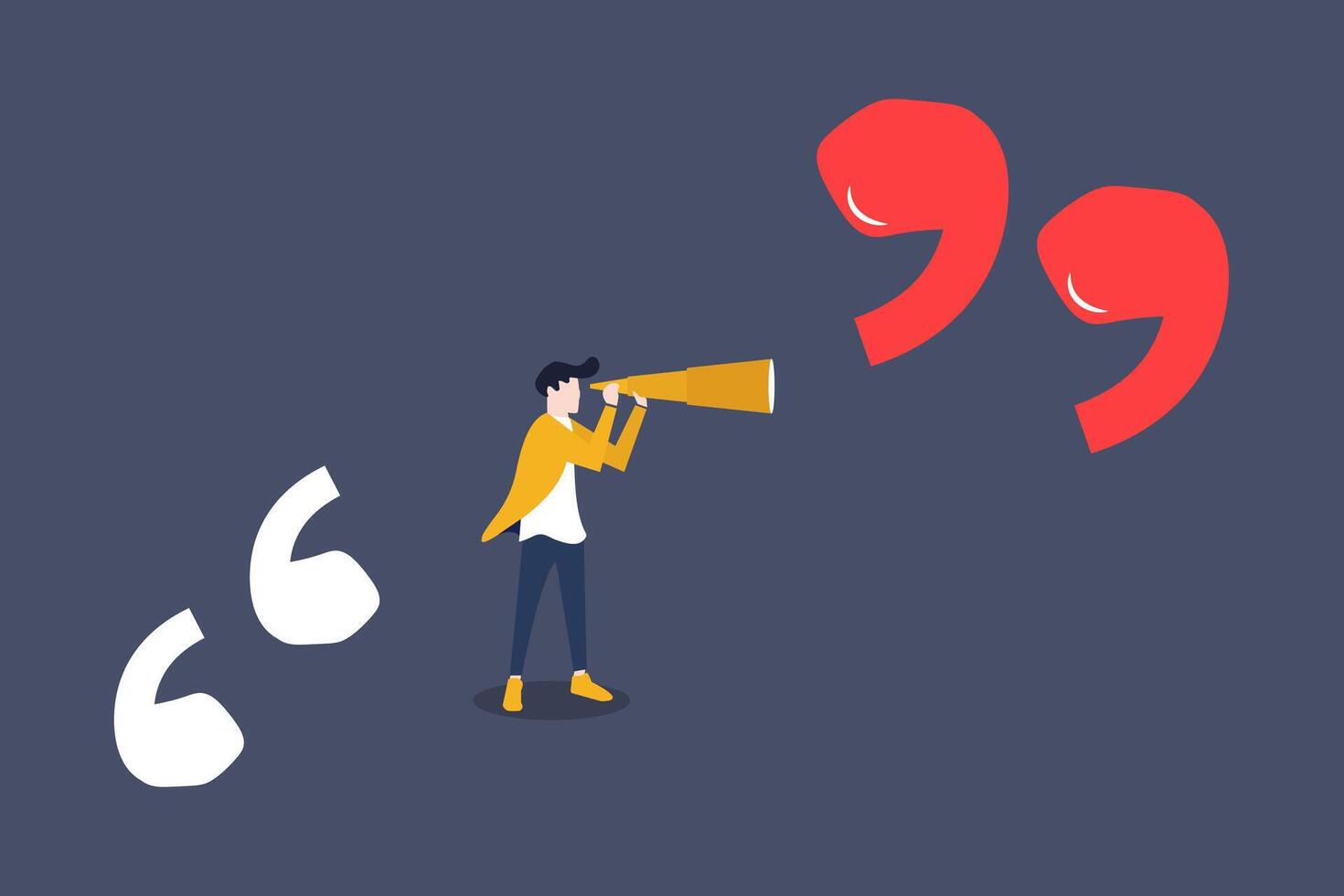 Businessman with telescope with quotes sign. concept of Search for business target or goal, opportunity, mission to achieve, discover purpose or find strategy to reach goal vector