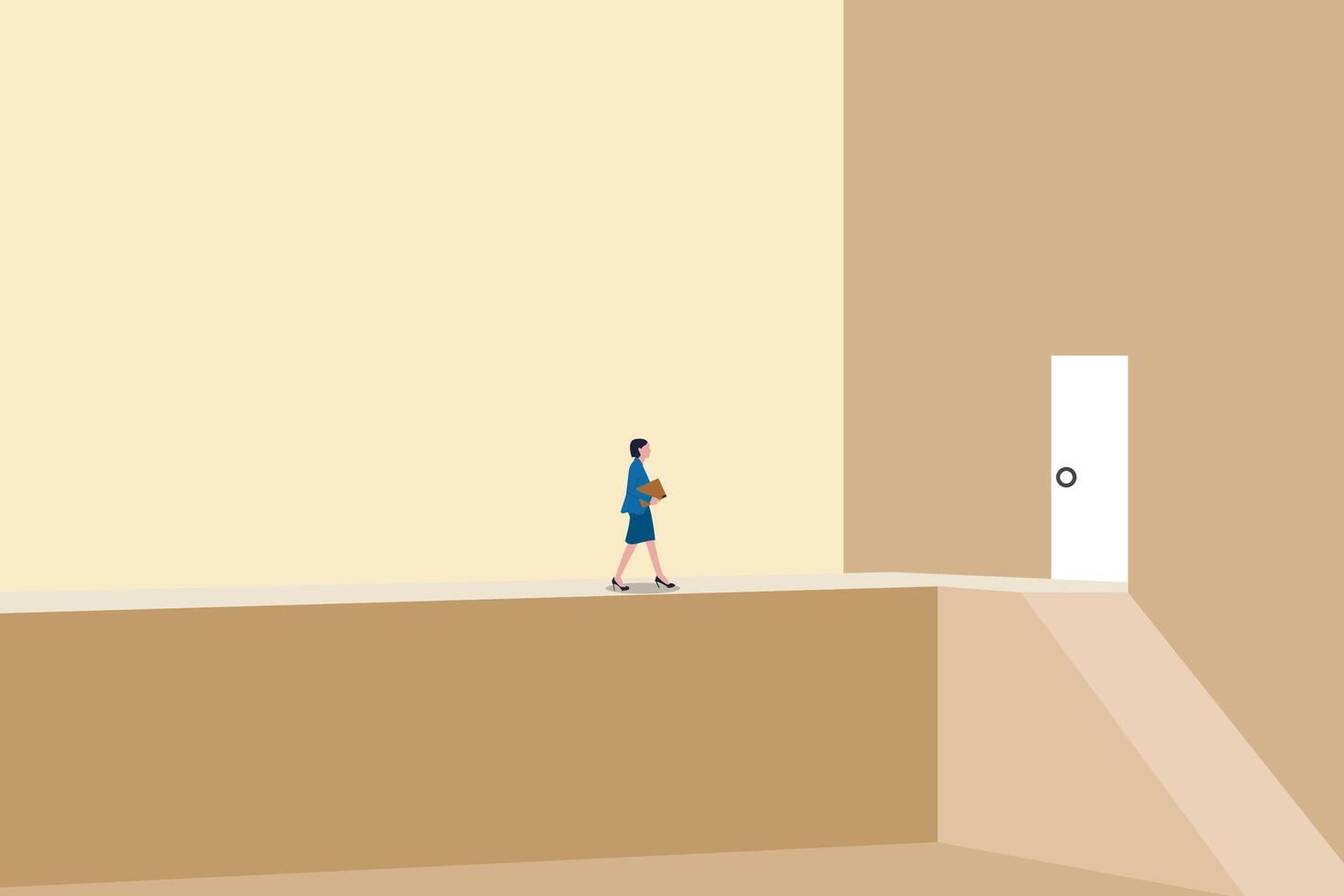 Business opportunity or career success concept with woman walking ENTER door. Symbol of courage, ambition, having a goal, inspiration. 1 vector