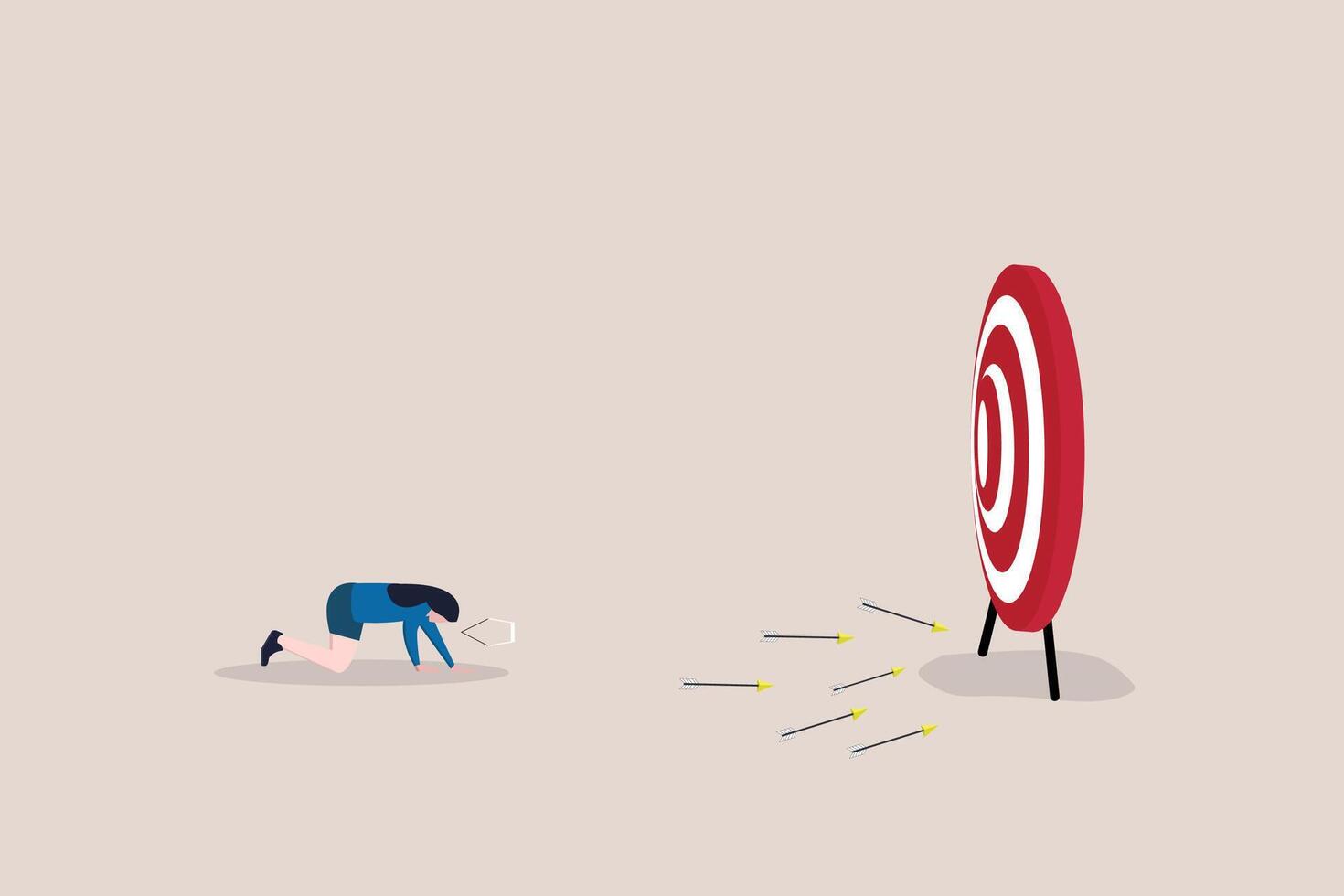 Depression business woman archery disappoint on his off target arrows. concept of Fail business target, mistake, and losing opportunity vector
