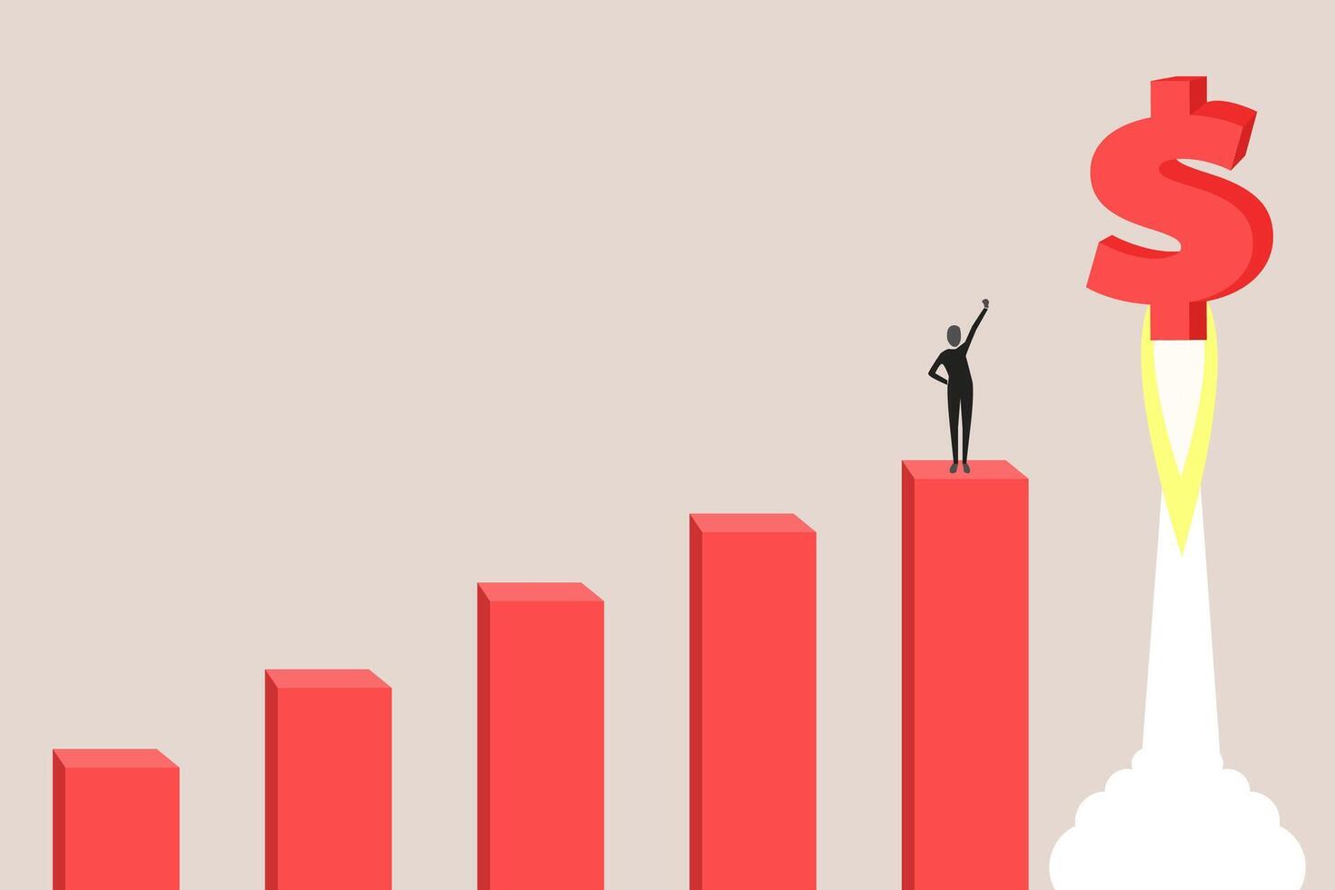 Businessman on growth chart launching dollar rocket. concept of investment growth, success, and improvement vector