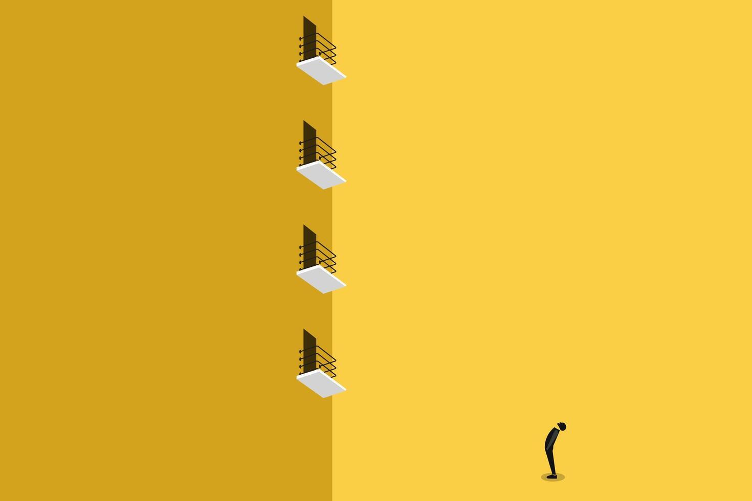 Businessman look up the levels of balcony. concept of success , journey, opportunity, and achieve goal vector