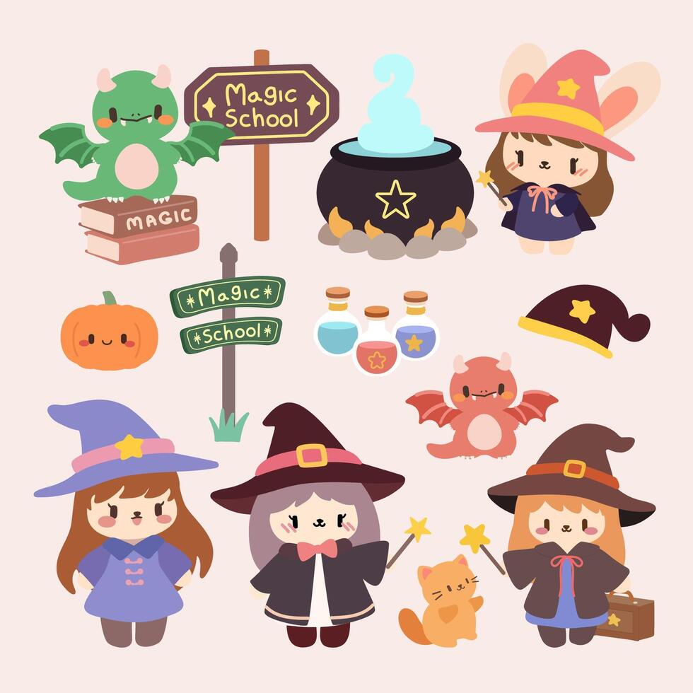 Cute Magic School Characters and Elements Illustration. Adorable Witch and Magical Creatures Collection. Kawaii Cartoon Scene with Witches, Potions, and Dragons vector