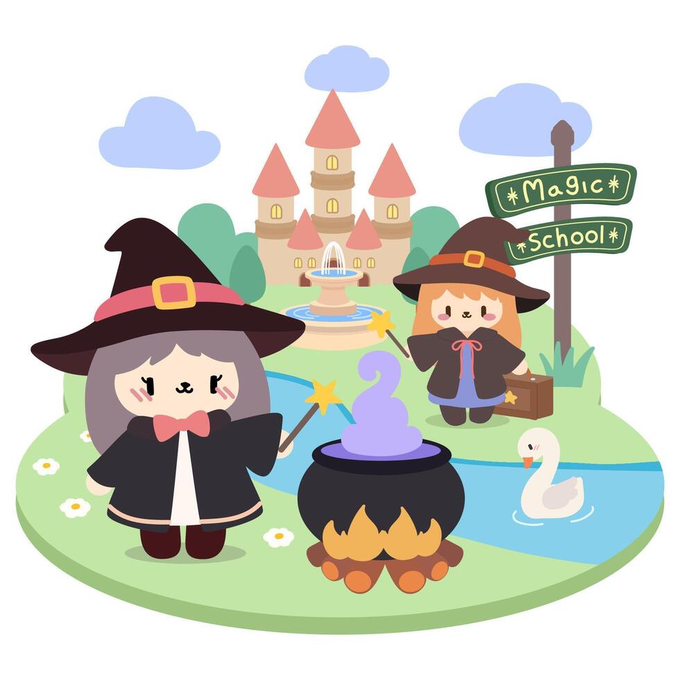 Cute Witches at Magic School. Kawaii Fantasy Illustration.Adorable Magic School Scene with Witches and Cauldron.Kawaii Witches Practicing Magic at Enchanted School. vector