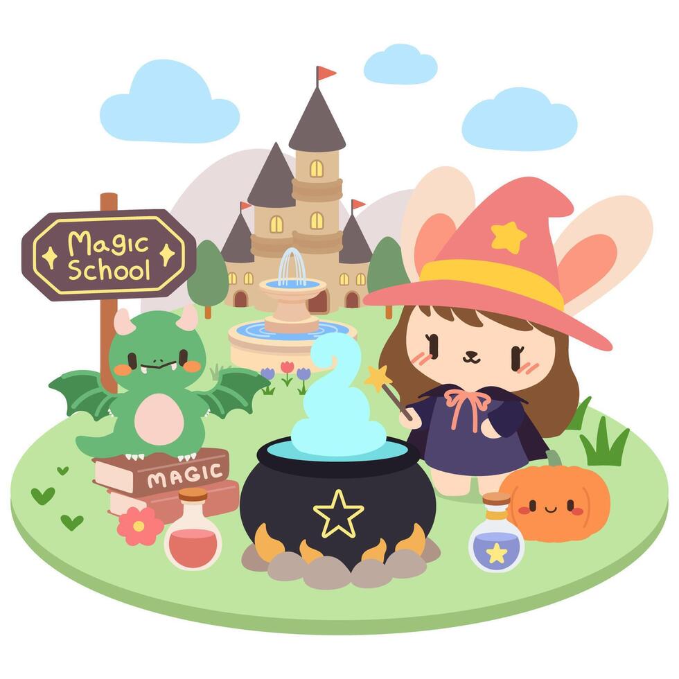 Kawaii Witch and Dragon at Magic School. Adorable Fantasy Illustration.Cute Witch with Cauldron and Dragon at Magic School.Fantasy Magic School Scene with Witch, Dragon, and Potions, vector