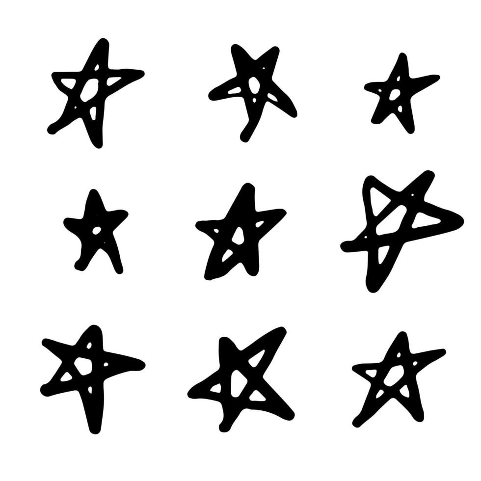 Set of black hand drawn stars in doodle style on white background. Star doodles are drawn with ink. Brush marker schematic vector