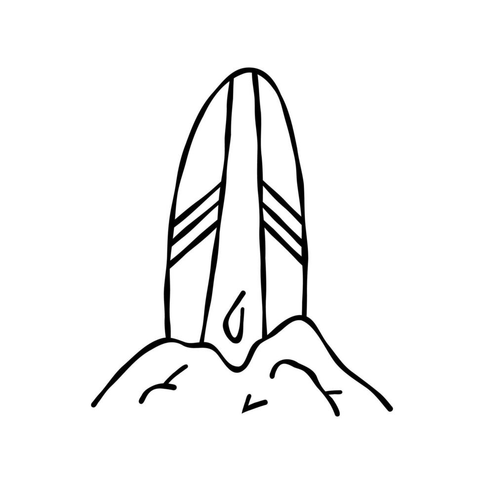 Hand drawn surfboard on the beach. Sketch illustration for outdoor summer design. Doodle style. vector