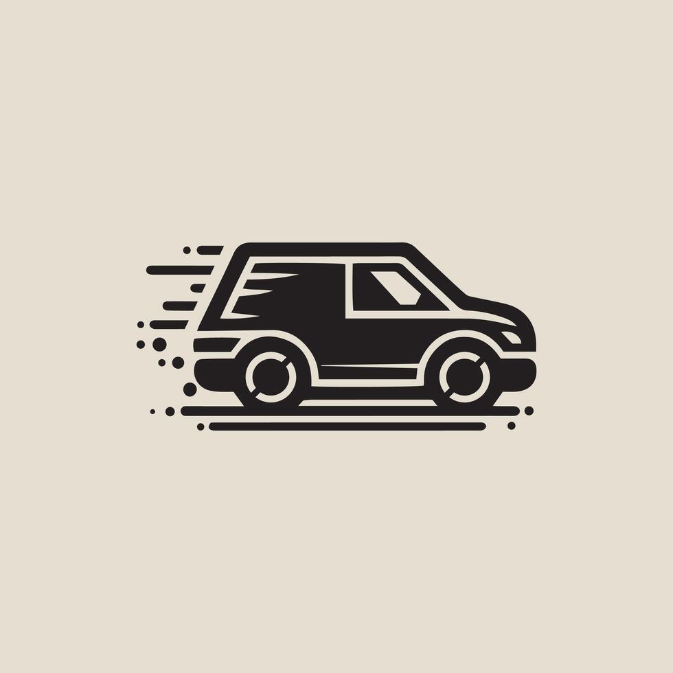 A stylized icon of a speeding car in a minimalist design with dynamic lines featuring a monochrome silhouette, emphasizing motion and efficiency, speeding car icon, speeding car silhouette vector