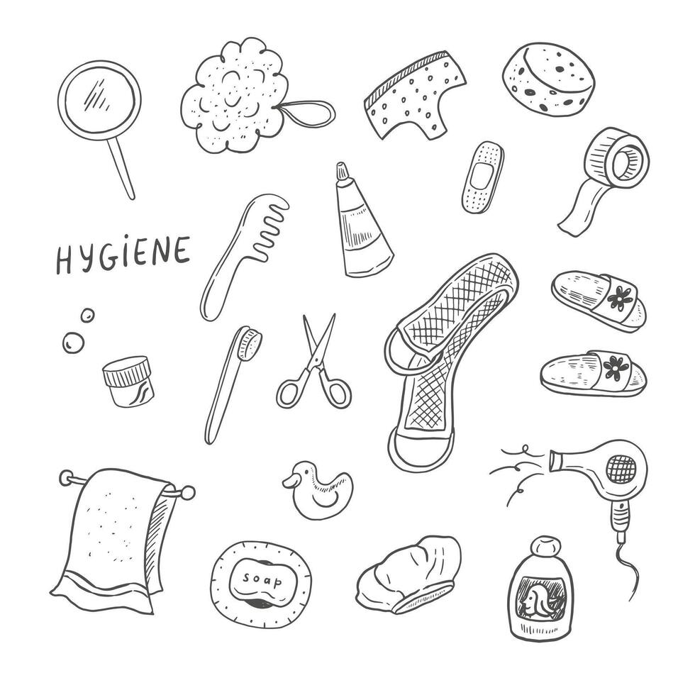 Hygiene icons set. Hand drawn hygiene elements. vector