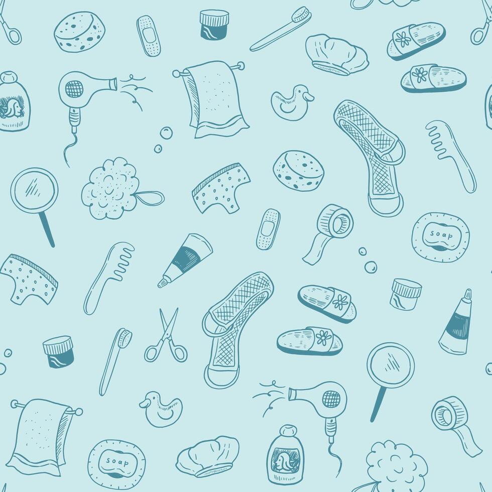 Hygiene icons set. Hand drawn hygiene elements seamless pattern. vector